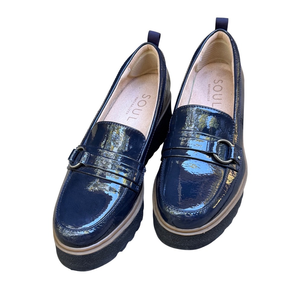 SOUL Naturalizer Platform Loafers Navy Crinkle Patent Lug Sole Ring Women 8.5M